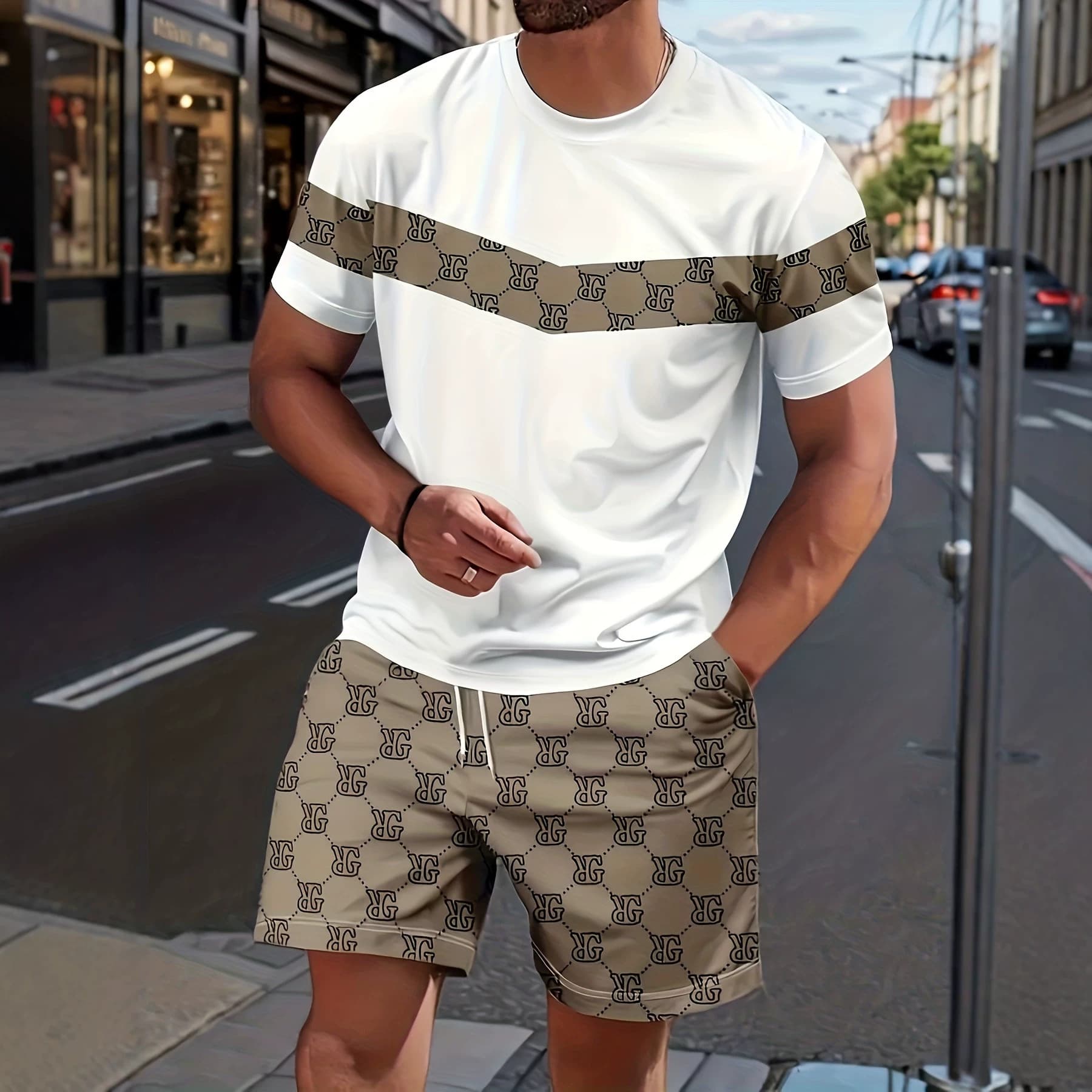 Men's Summer White Patch Monogram Print Short Sleeve Shorts Set, European and American Light Luxury Casual Two-Piece Set