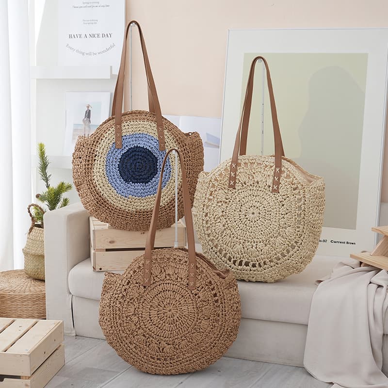 Simple Round Single-Shoulder Woven Straw Bag, Fashionable Casual Women's Beach Bag, Ethnic Style Woven Bag, Summer Small Round