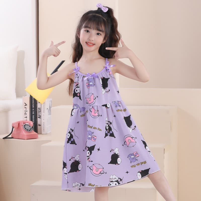 Wholesale Children's Pajamas Girls' Spaghetti Strap Nightgown Summer Thin Bubble Cotton Cartoon Dress Homewear