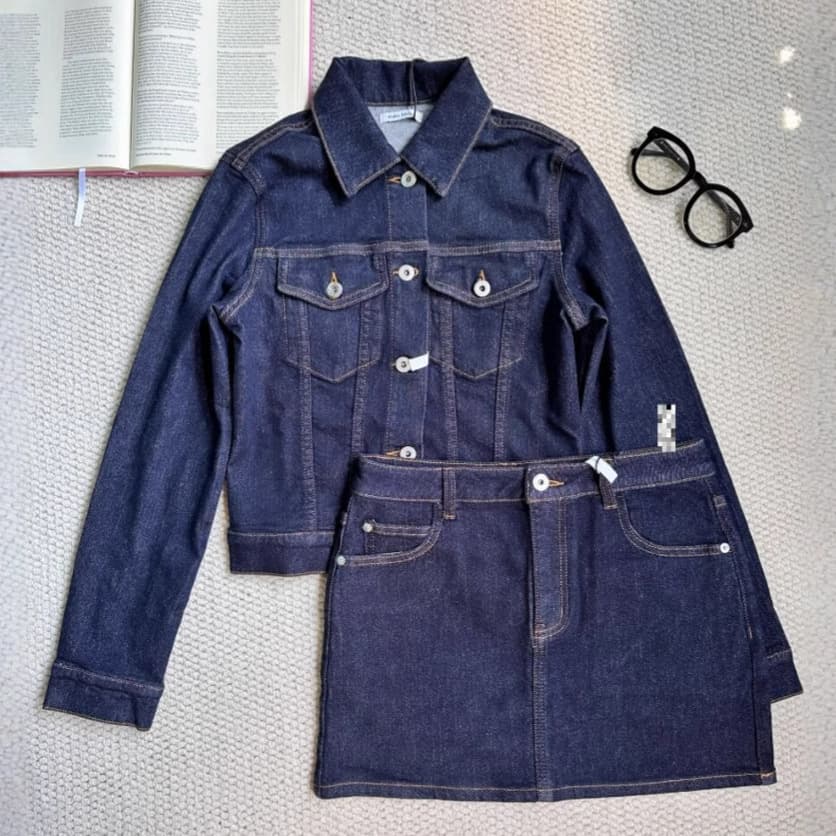 In Stock / Otaku Girl Style Denim Original Color Regular Shoulder Slim Fit Short Denim Jacket / A-Line Denim Skirt Set