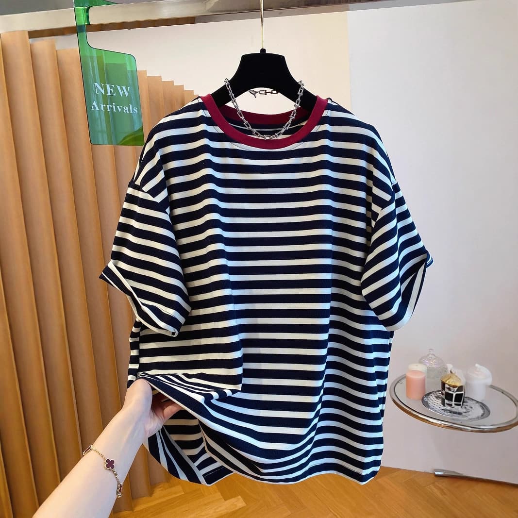Gorgeous Black and White Striped T-Shirt for Women, Short Sleeve, 2025 New Style, Loose Fit, Thin, Oversized Half-Sleeve Top for Summer