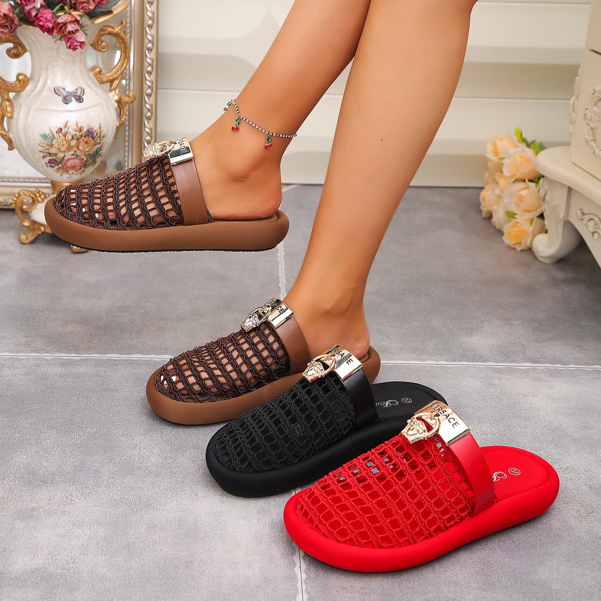 Large Size Mesh Hollow 26 New Thick Platform Wedge Metal Buckle Strap Toe-Cover Chic Versatile High Heel Sandals