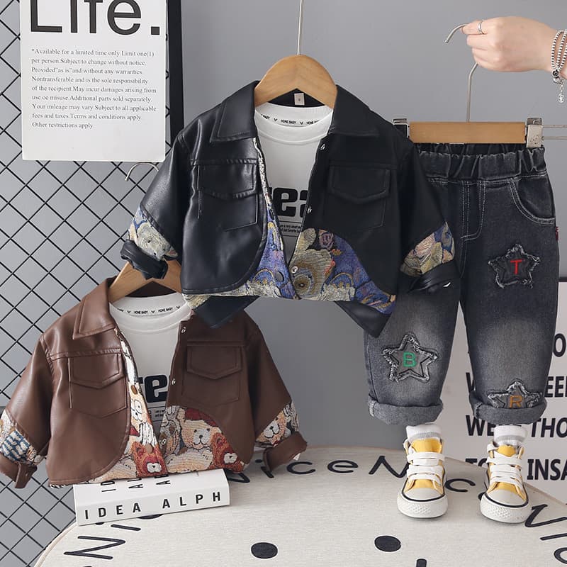 2026 New Boys Spring and Autumn Suit Children's Style Leather Clothes Long Sleeve Three-piece Set Baby Autumn Clothes Trendy Wholesale