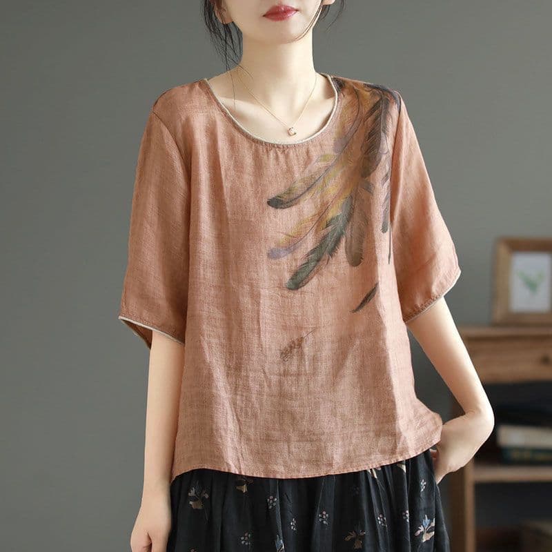 Cotton Linen Summer Retro Artistic Print Loose Slimming High-End Blouse Women's Top