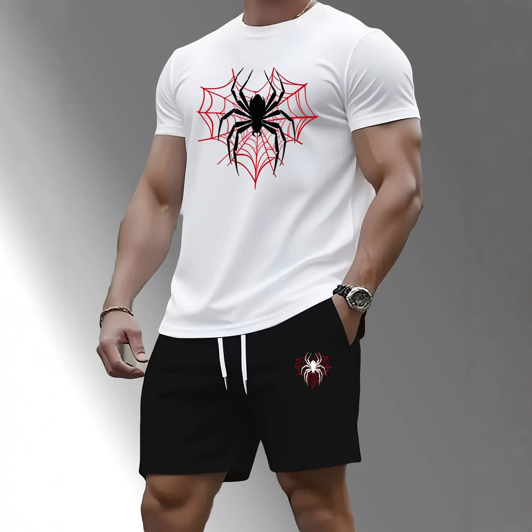 Export Style Summer Men's Set Spider Pattern Sports T-Shirt Short Sleeve + Shorts 2-Piece Set Supports Dropshipping
