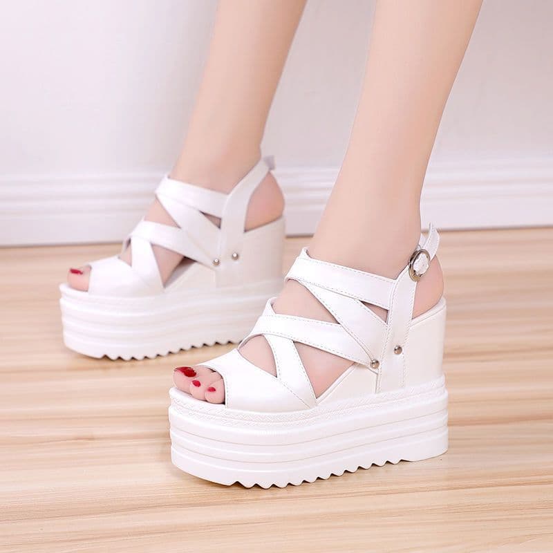 12CM Ultra-High Heel Platform Sandals with Wedge, Mesh, Peep-Toe, Spring and Summer New Style, Built-in Height Increase Women's Shoes