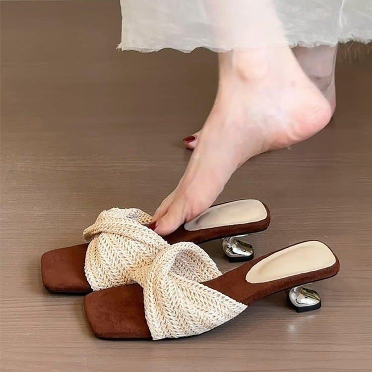 Cross-border trade square-toe high-heel sandals, 2026 summer new French-style woven one-strap slippers for women