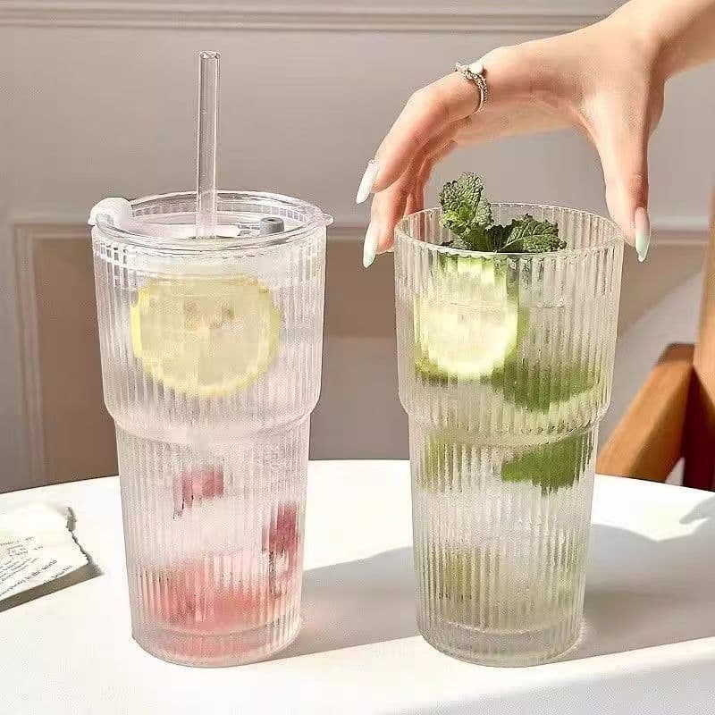 Ins-Style Large Capacity Vertical Ribbed Glass Cup with Lid and Straw, Fruit Tea Cup, Water Cup, Iced Coffee Cup, Beverage Cup
