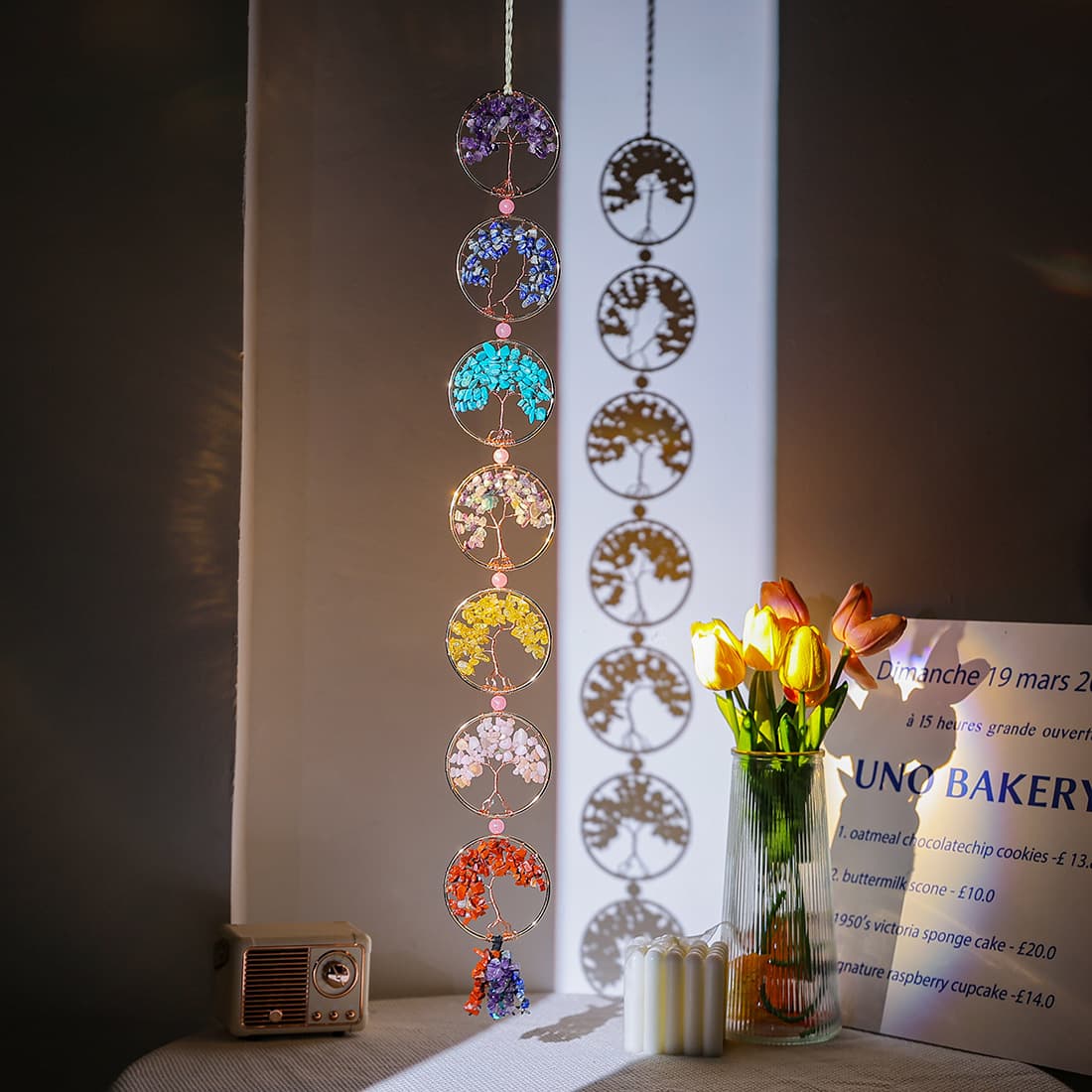 Seven Chakra Crystal Chips Tree of Life Pendant Multicolor Decoration Handwoven Hanging Ornament Living Room Wall Decor Gift