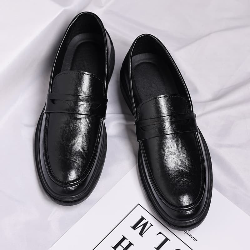 Classic Men's Casual Bean Shoes Invisible Heightening Leather Shoes round Toe Spring Autumn Season Solid Color Business Leisure