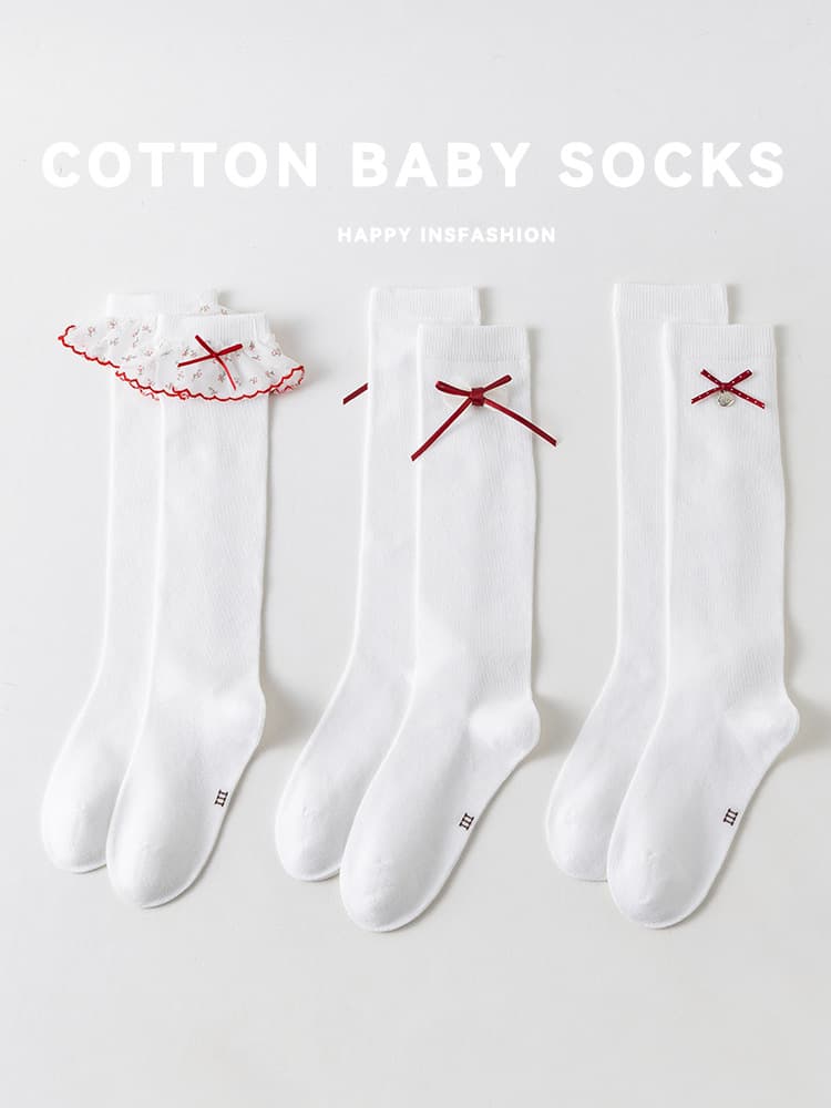 Children's Socks Class A Cotton Spring Summer Fall Girls Butterfly Bow Sweet Loose Top Non-Binding Seamless Long Socks