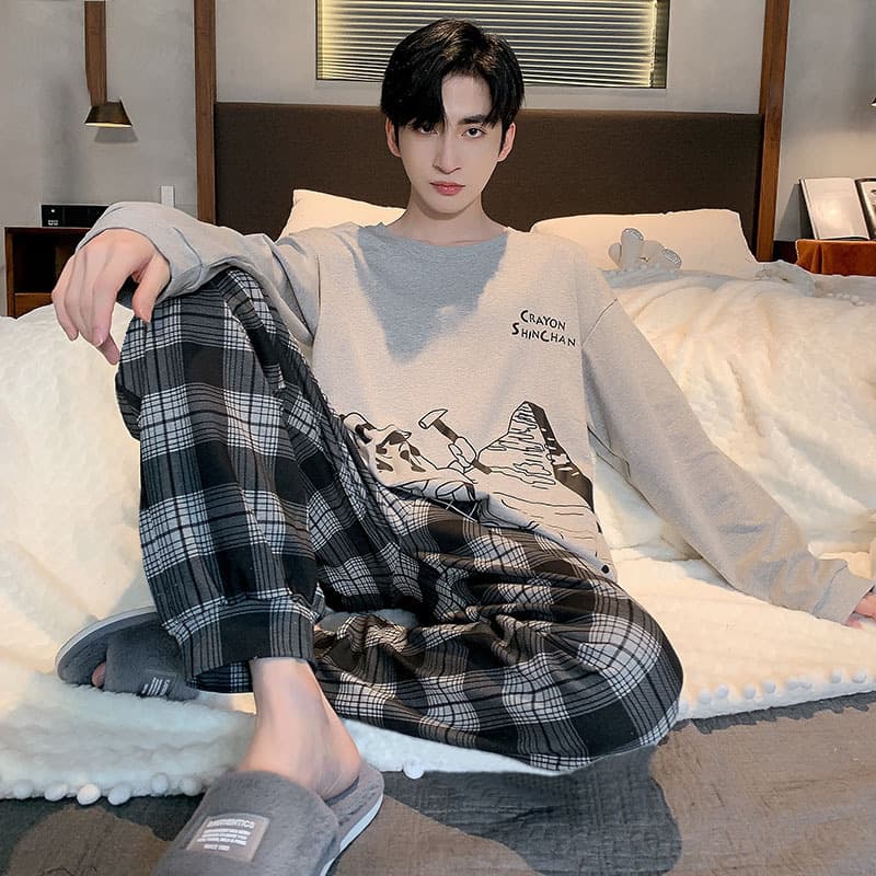 Pajamas men's spring and autumn long-sleeved simple large size can be worn outside men's youth four-season suit thin home wear suit