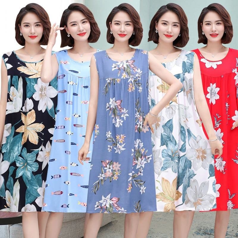 Women's Nightgown Summer Cotton Silk Plus Size Sleeveless House Dress for Middle-aged and Elderly, Fashionable Loose Mid-length Sleepwear