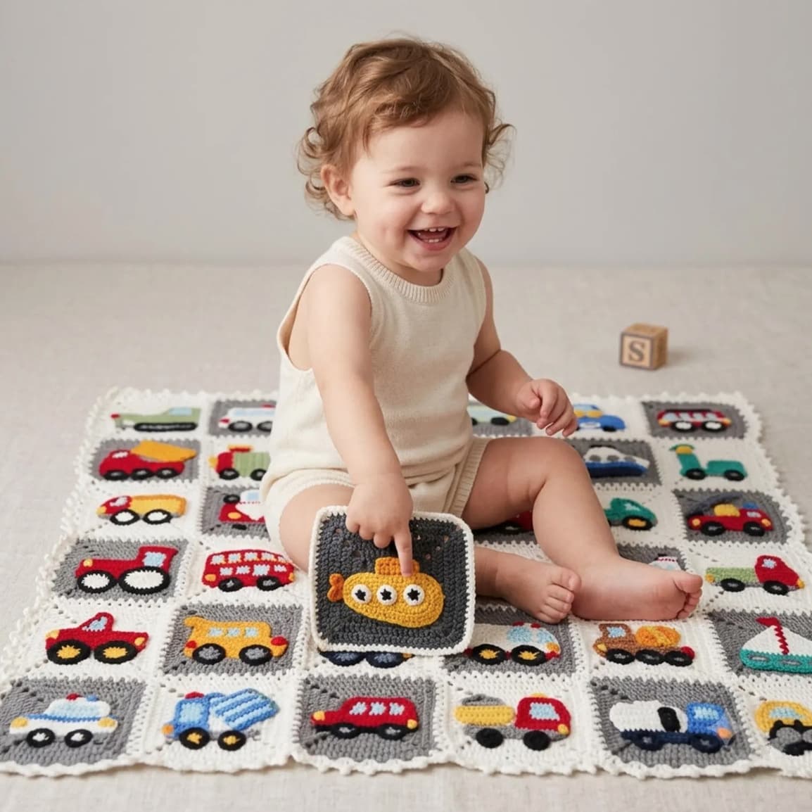 Crochet Baby Blanket Squares Handmade Baby Toddler Play Mat Transportation Theme Baby Shower Gift