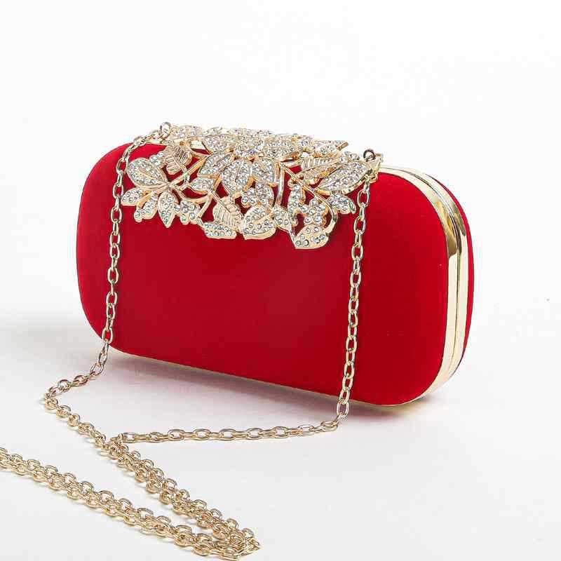 Cross-border Hot Selling New Velvet Evening Bag Hollow Diamond Leaf Flap Handle Bag Bride Bridesmaid Dress Evening Bag