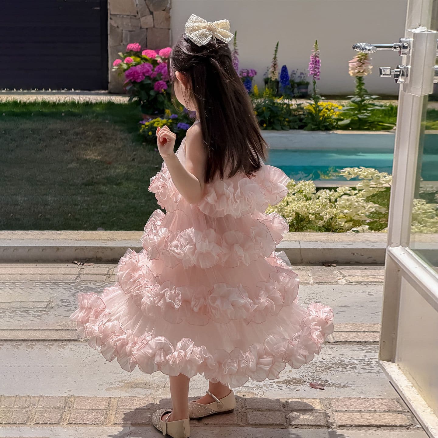 Korean Children's 2026 Summer Halter Flower Layered Petal Fairy Princess Dress Puffy Cake Birthday Dress