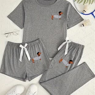 Cross-border Hot-selling European and American Homewear Milk Silk Pajama Gray Set with Printed Pattern Shorts and Long Pants Three-piece Set