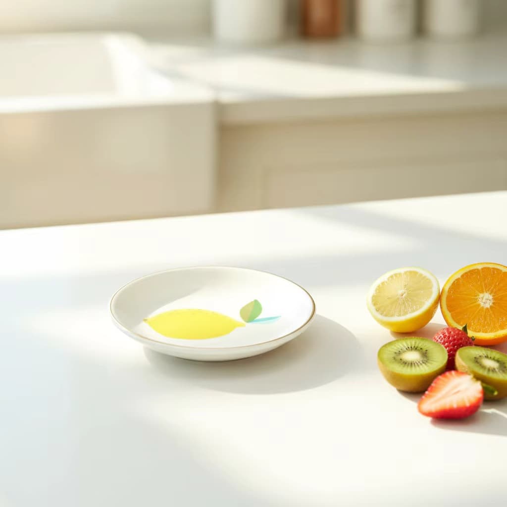 Hengfei Decorative Art Ceramic Dolomite Jewelry Dish Lemon Print Fruit Pattern Small Ornament Plate with Gold Rim