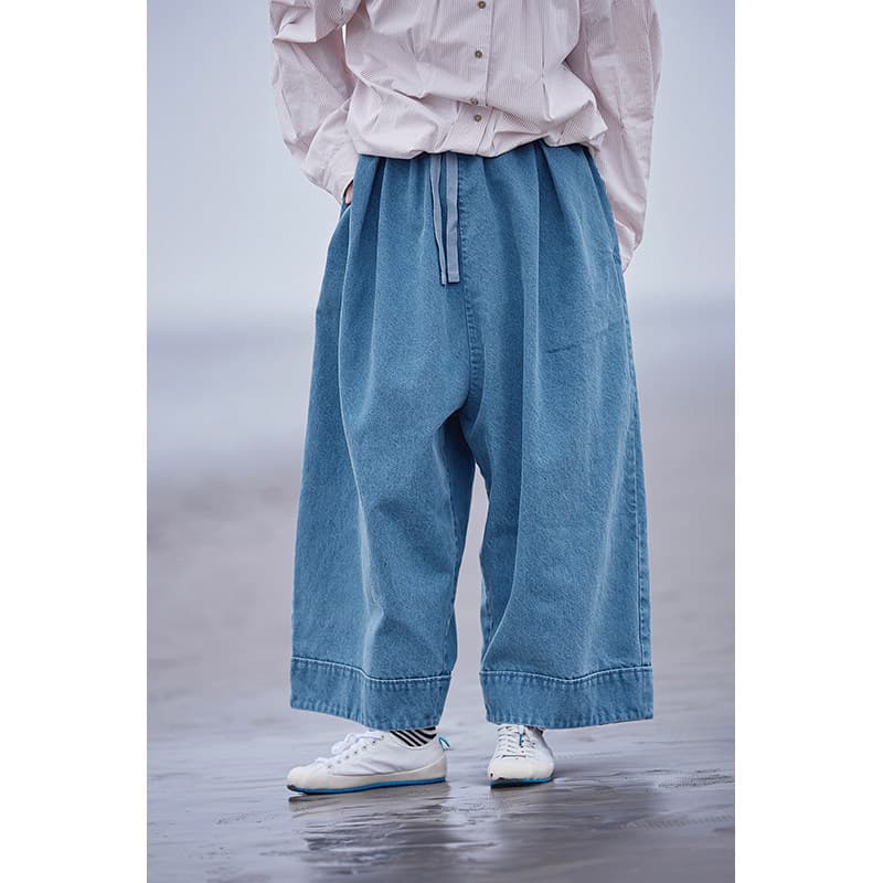 Spring and Summer Blue Cotton Denim Washed Distressed Elastic Waist Boyfriend Pants 6022