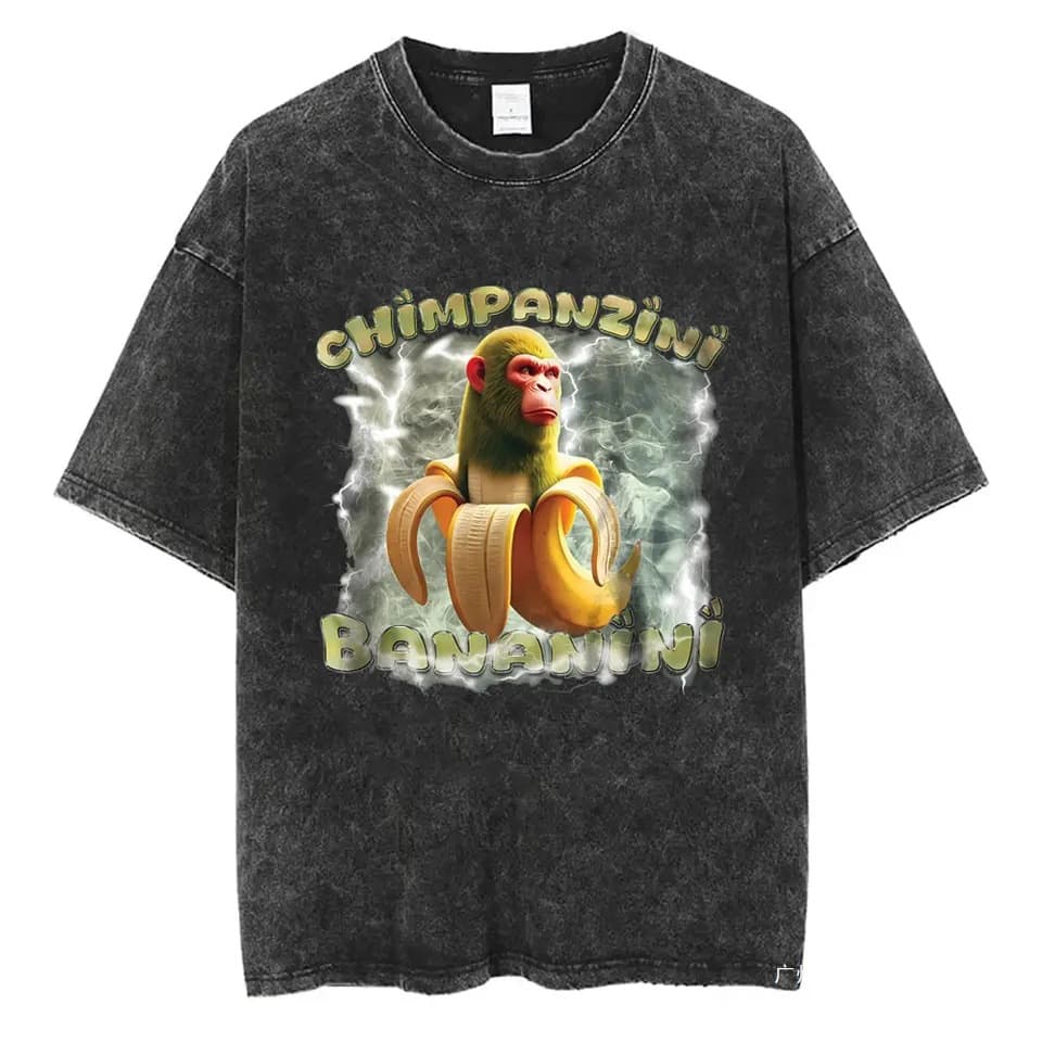 Italian Brainrot Chimpanzee Banana Pooh Retro Washed T-Shirt Banana Monkey Funny Meme T-Shirt for Men