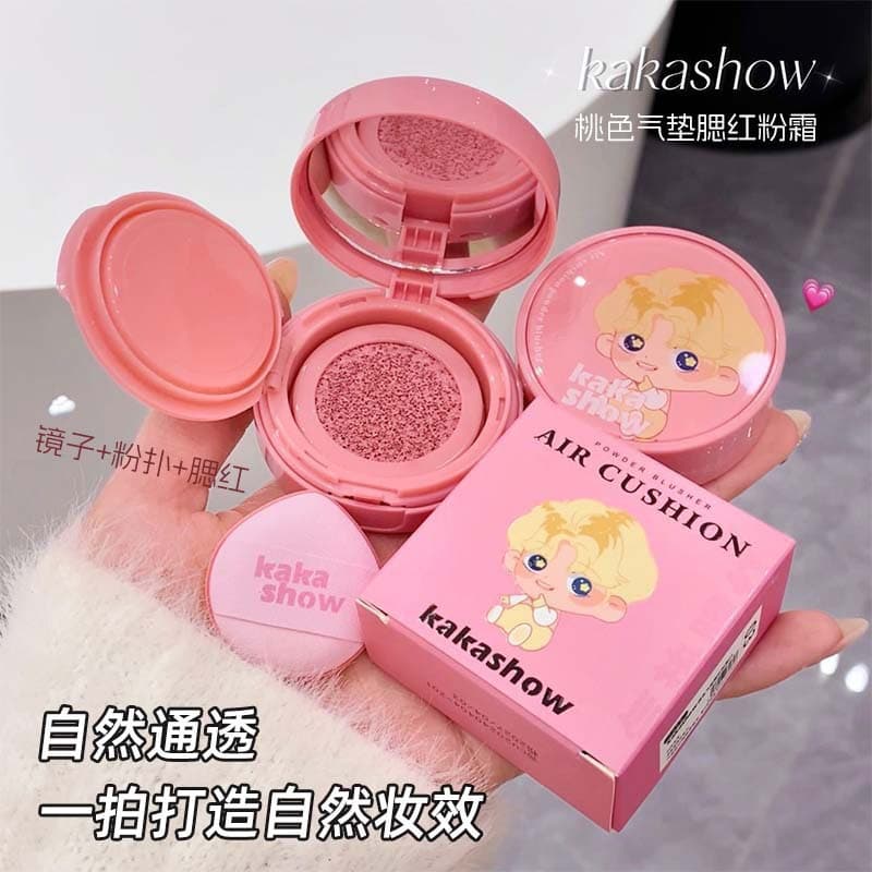 kakashow Peach Cushion Blush Powder with Mirror and Puff, Everyday Atmospheric Blush, Long-Lasting, No Fallout
