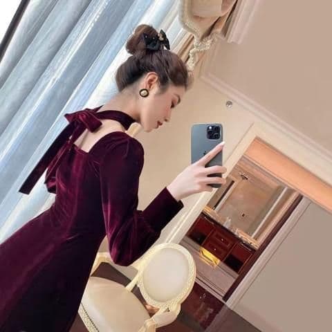 Wine Red Square Neck Velvet Dress for Women Autumn Winter with Coat Elegant Lady Dress