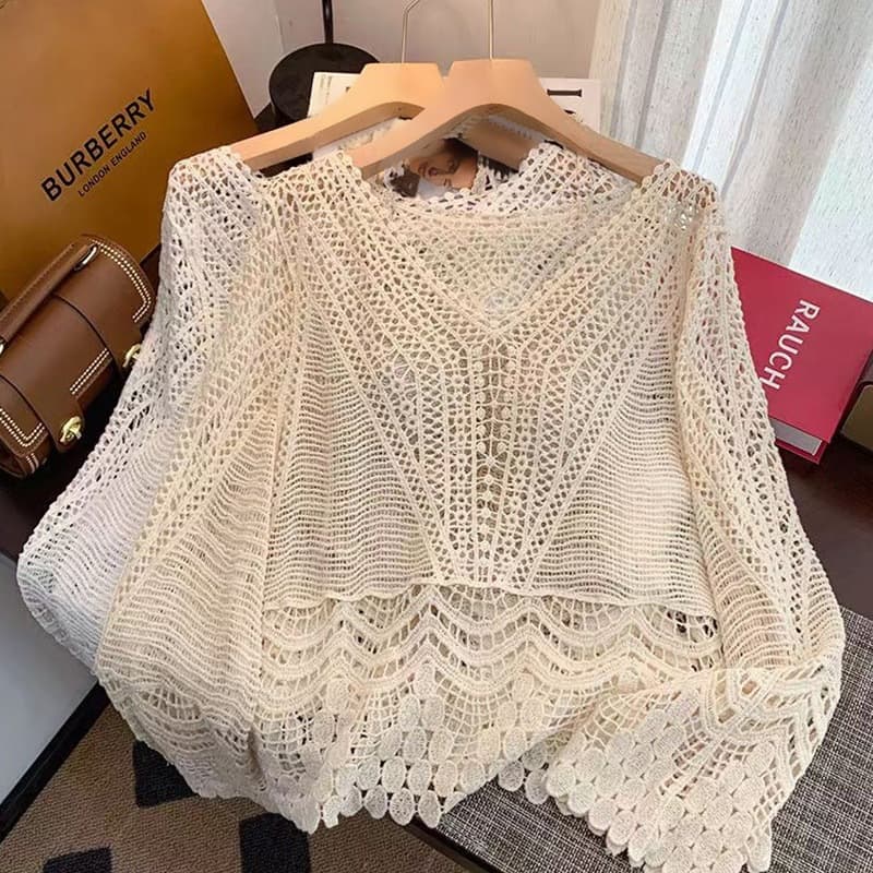 Korean Casual Hollow Knit Top Women Thin Long Sleeve New Summer Versatile Slimming Sun Protection Cover-up Top Trendy
