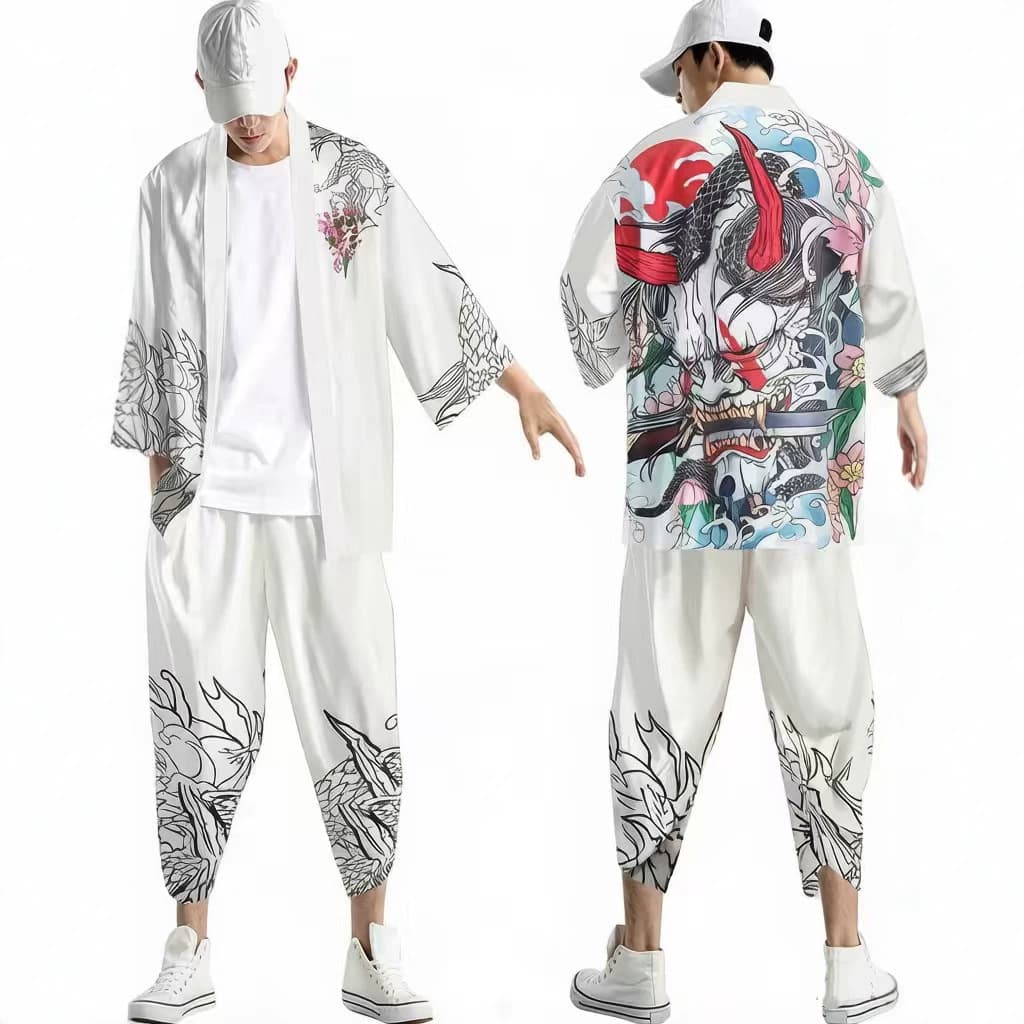 26 Chinese Style Crane Cardigan Cape Set Retro Harajuku Dragon Totem Ukiyo-e Cropped Pants Kimono Robe Wholesale