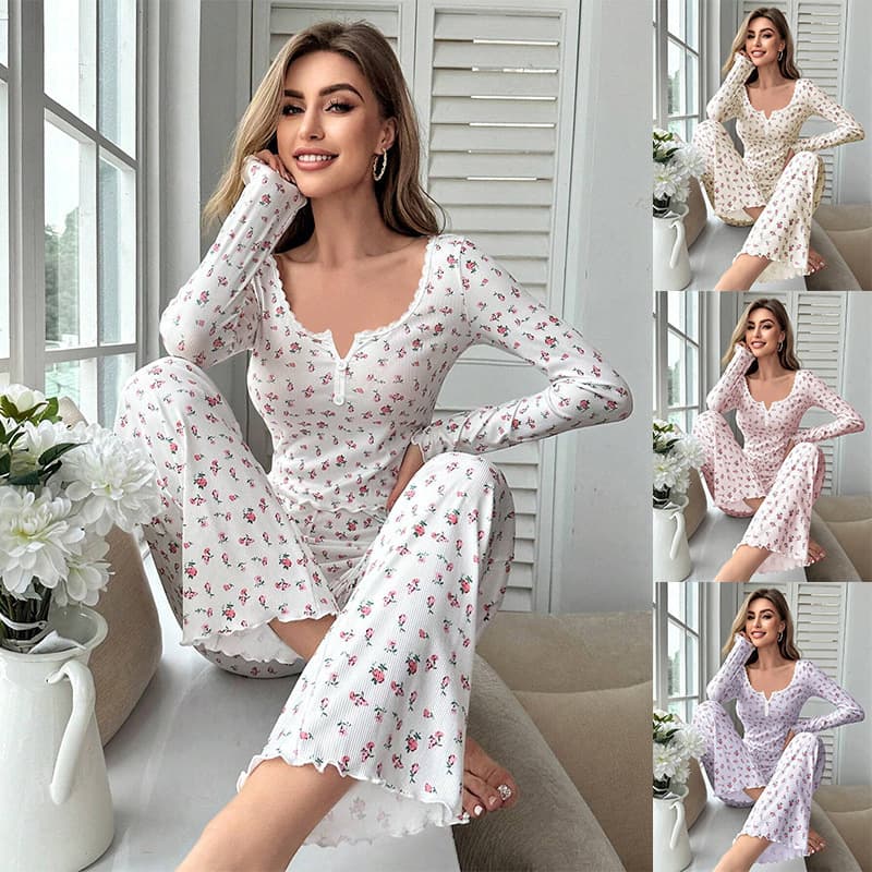 Cross-border Amazon Europe and America Long Sleeve Pajamas Small Floral Rolled Hem Long Homewear Set for Women In Stock Wholesale