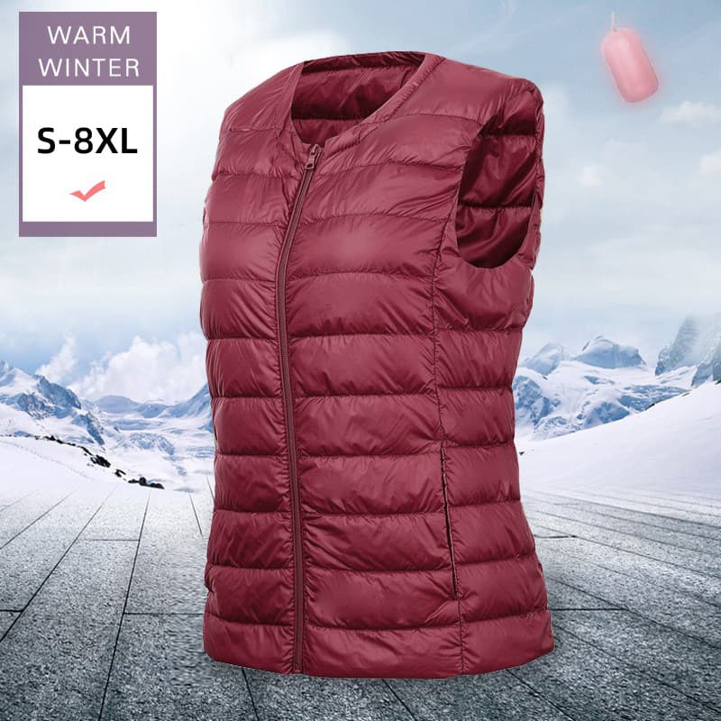 Down Vest for Women, Autumn/Winter New Round Neck Zipper, Plus Size, White Duck Down, Lightweight Short Vest nylmj