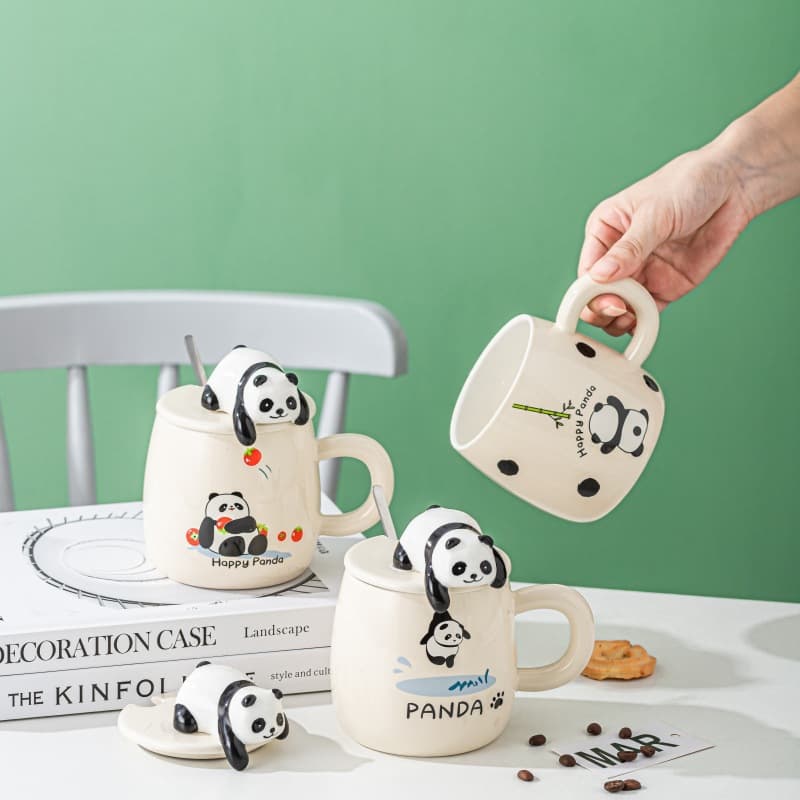 Cartoon fun panda ceramic cup with lid and spoon, high-looking mug, cute water cup for couples, coffee cup for boys and girls