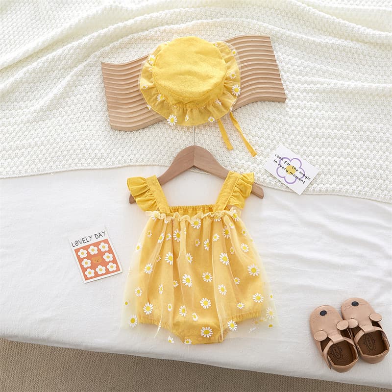 Trendy Baby Bodysuit Summer Sleeveless Vest Strap Triangle Romper for Girls, Daisy Princess Dress Onesie
