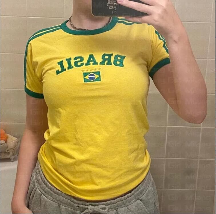Summer Cropped American Style Y2K Crop Top T-Shirt with Embroidery, Round Neck Pullover Base Layer for Women