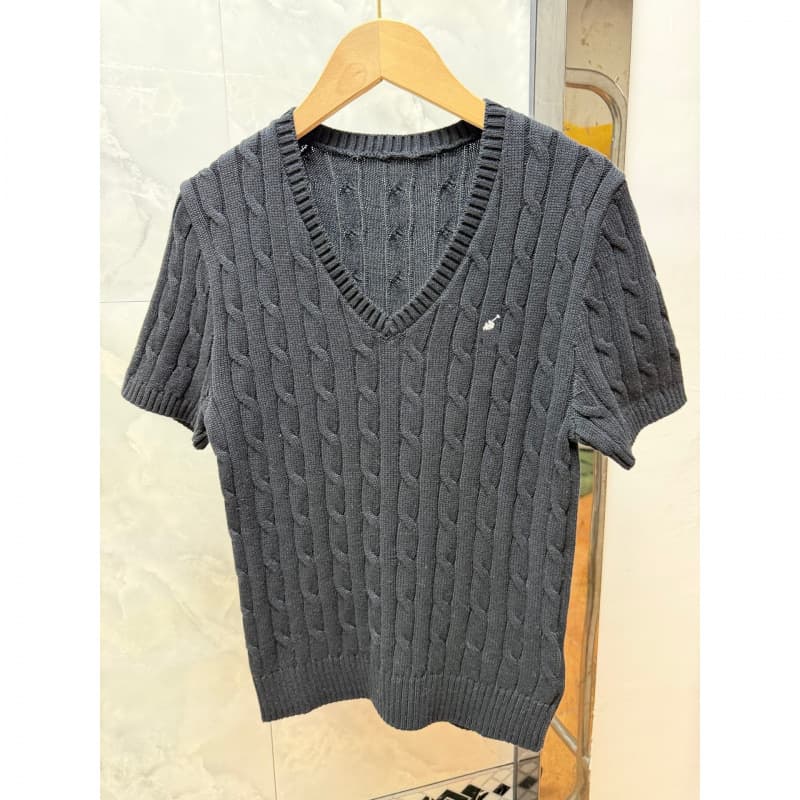 High-Quality QR Code Scannable Short-Sleeve Sweater for Women, New Spring/Summer V-Neck Pullover with Embroidered Cable Knit T-Shirt and Small Horse Logo