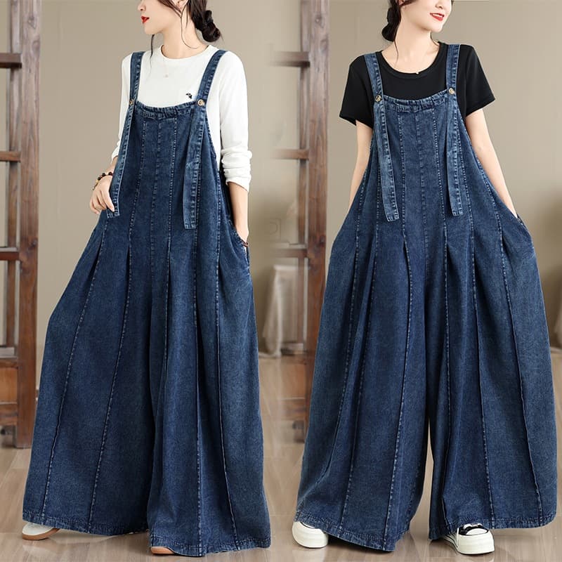 Spring, summer and autumn lengthened jumpsuits, denim trousers, retro loose and slim denim overalls, large size overalls