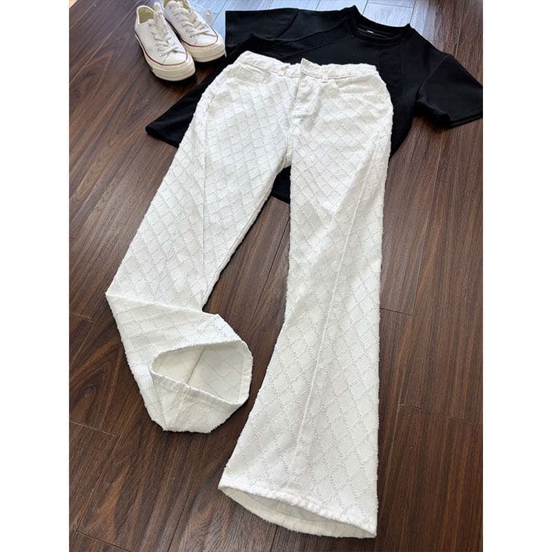 Cleanfit White Diamond Pattern Jeans for Men Autumn Jacquard Design High Street Vibe Straight Leg Flared Pants