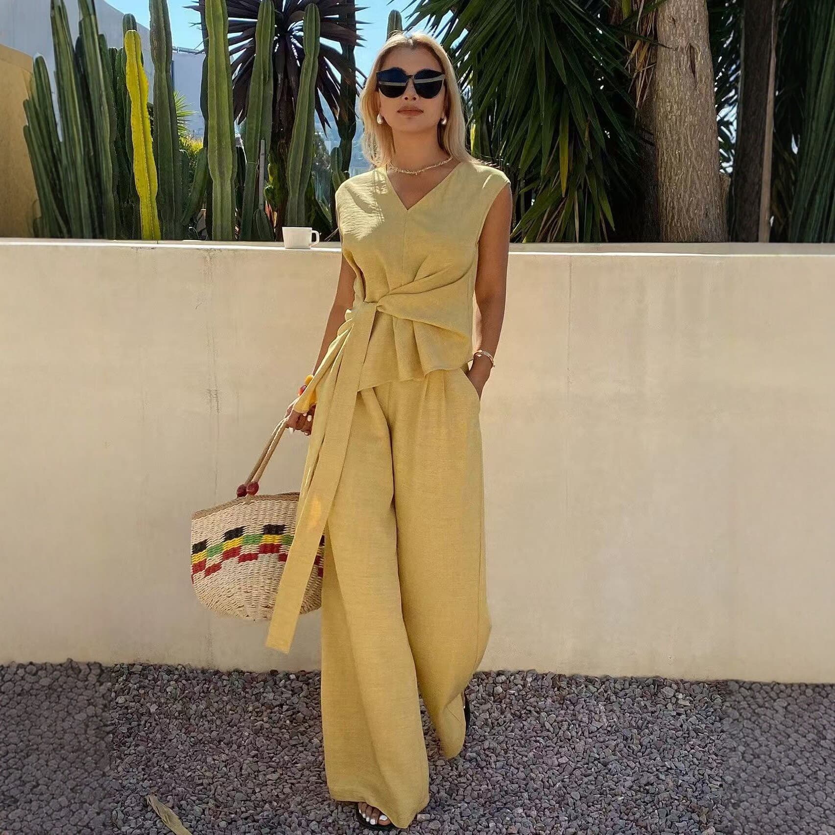 Plus Size Women's Export V-Neck Tie-Front Sleeveless Top Wide-Leg Pants Set Two-Piece Plus Size Women's Summer Set