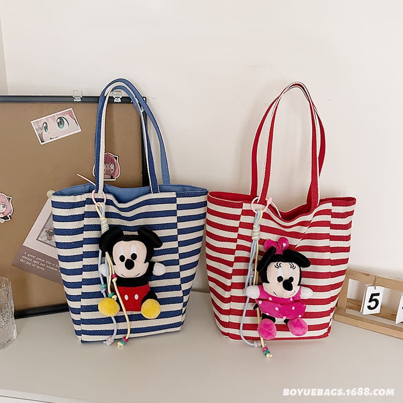 Cartoon Mickey and Minnie striped tote bag 2026 new commuter handbag girl cute shoulder large bag