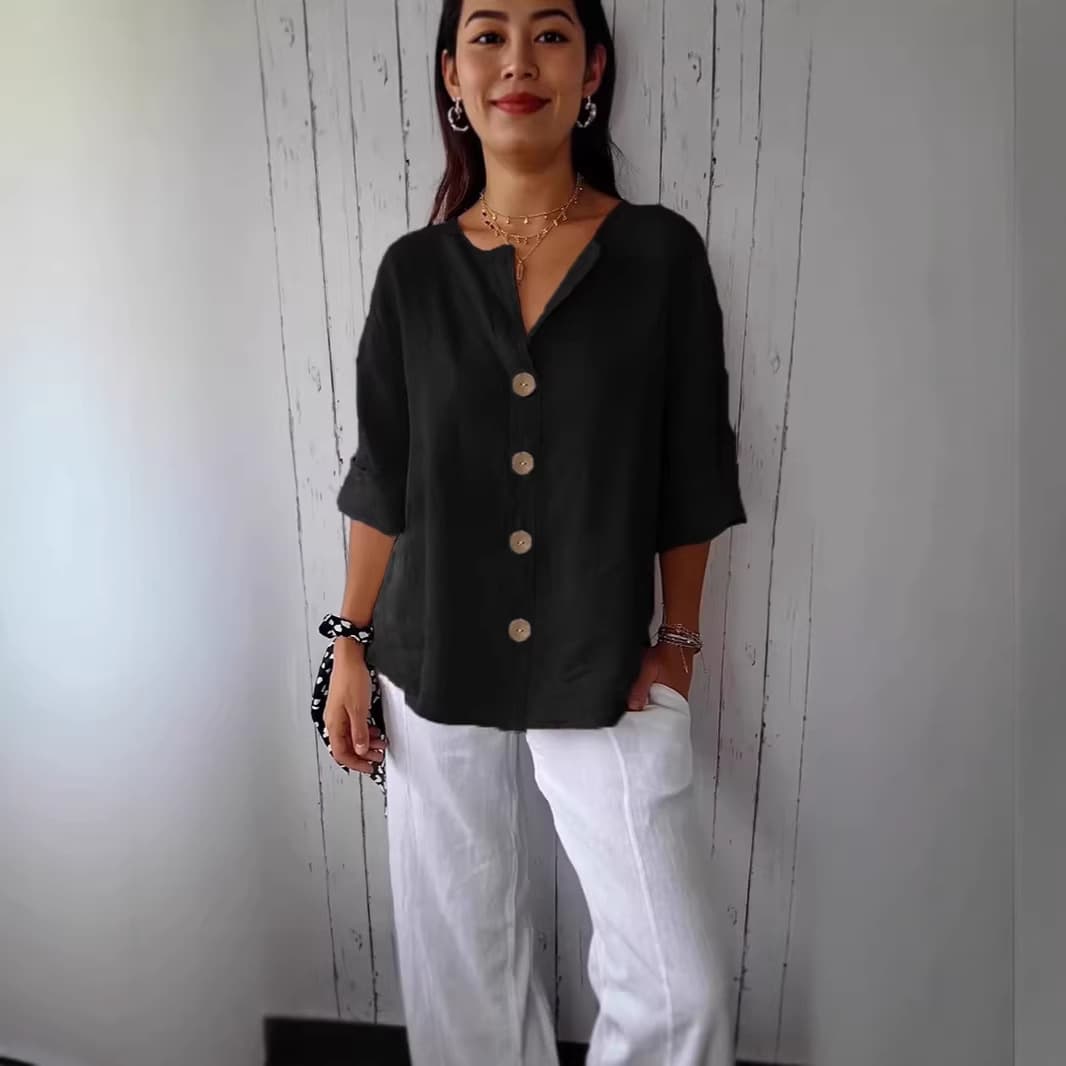 Amazon 2026 cross-border European and American summer new foreign trade loose shirt women's V-neck cotton and linen button T-shirt tops for women