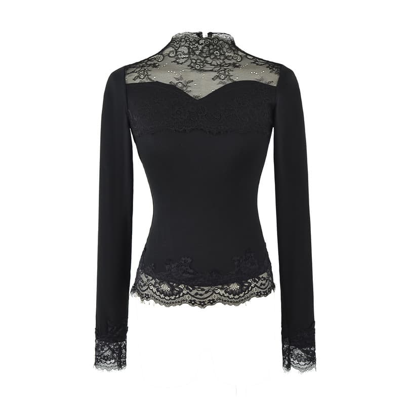 Women's Mock Neck Lace Patchwork Long Sleeve T-Shirt, Slim Fit, Stylish, Slimming Korean Layering Top, Cotton