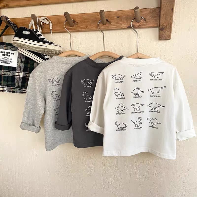Practical wearer~very good-looking male and female baby layered T-shirt dinosaur cartoon printed cotton comfortable elastic bottoming shirt