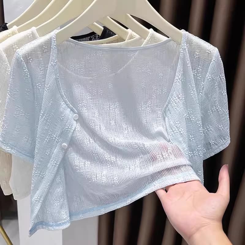 Lace Short Sleeve Open Cardigan Thin Sun Protection Women Summer with Sling Skirt Outer Shirt Short Net Small Shawl