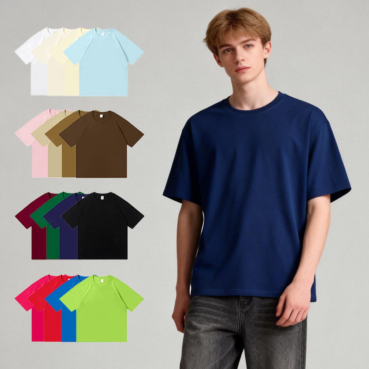 Short Sleeve T-Shirt Men's 200g Summer Cotton Loose Fashion Base Tee Unisex Basic Straight Round Neck T-Shirt
