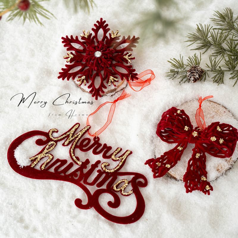 Cross-border New Product Christmas Decor Wine Red Flocked Wreath Bow Reindeer Pendant Christmas Tree Ornament Hanging Decor