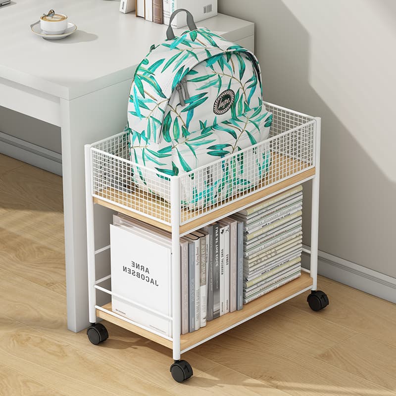 Mobile bookshelf with wheels, desk-side bag storage stand, floor iron book storage, simple student bookcase