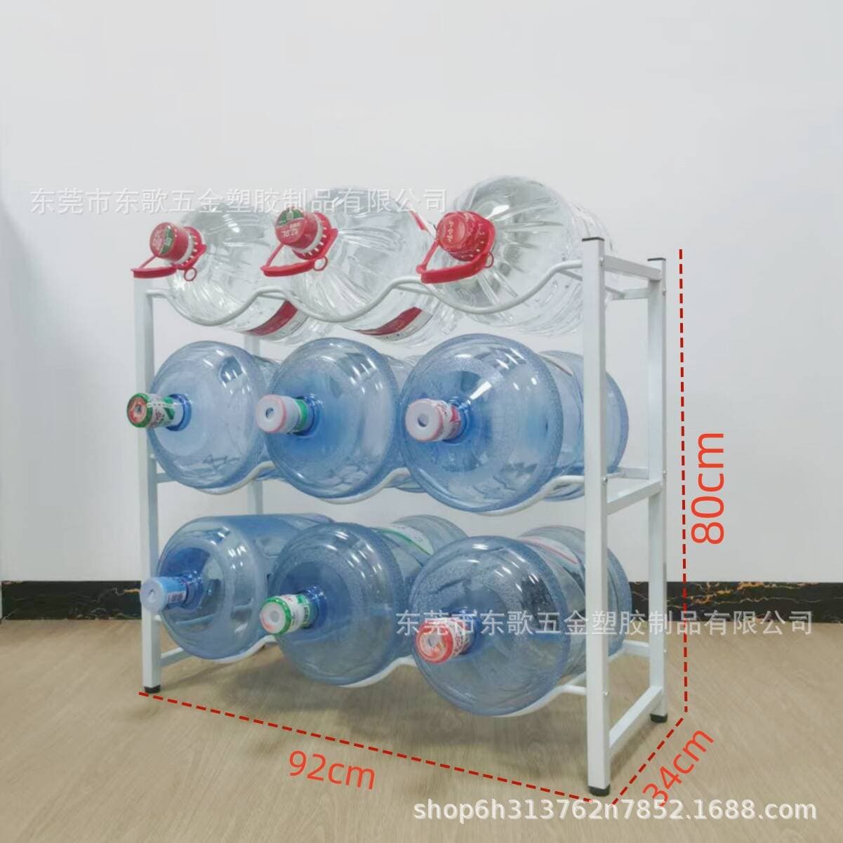 Multi-barrel display and storage racks for supermarkets and convenience stores, 12 to 19 liters, with curved design to prevent damage to the barrels.