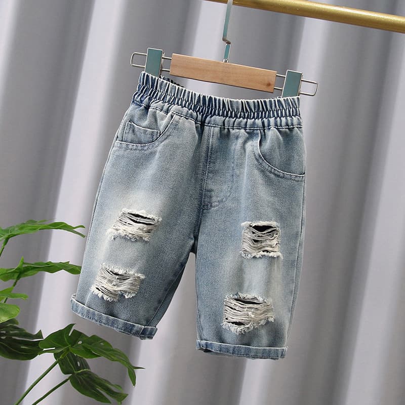 K105 - Western Style Four-Ripped Denim Shorts Streetwear 2024 New Fashion for Boys and Teens