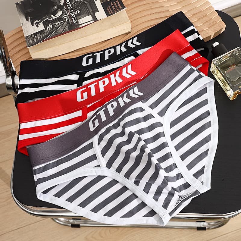 Men's striped briefs, large size, mid-rise, breathable, cotton, men's underwear.