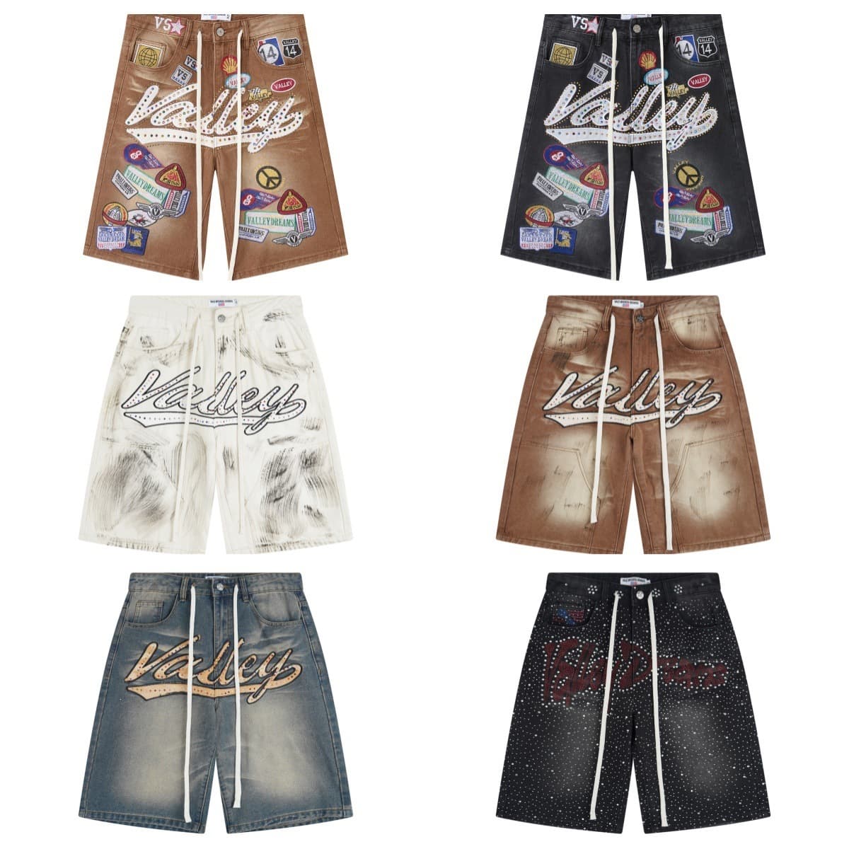 Cross-border*Vale Forever 1980S JORTS Latest Trendy Brand Denim Embroidered Rhinestone Patch Distressed Shorts