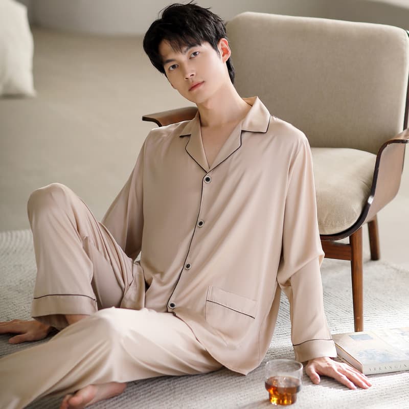 Men's Sleepwear Long Sleeve Thin Ice Silk Satin Home Clothes Champagne Gold Home Leisure Fashionable Luxury Spring Autumn
